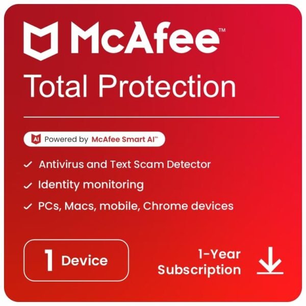 McAfee Total Protection 2025 | 1 Device, 1 Year | Antivirus Internet Security Software | Password Manager & Dark Web Monitoring Included | PC/Mac/Android/iOS | Email Delivery